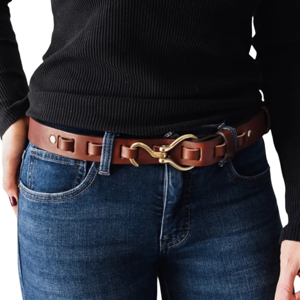 Over Under Cognac Color Leather Women’s Belt with Hoof Pick Brass Buckle